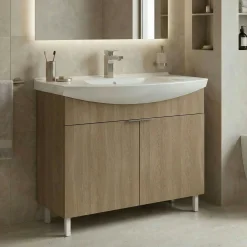 Meuble vasque salle de bains 100 cm décor chêne 2 portes UMI