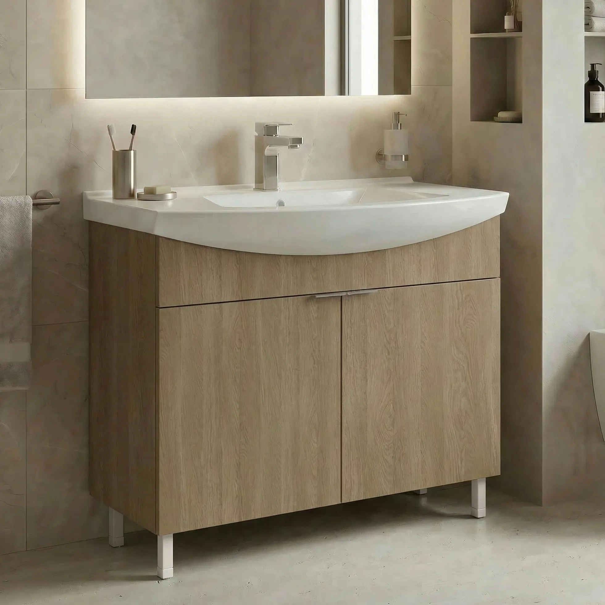 Meuble vasque salle de bains 100 cm décor chêne 2 portes UMI