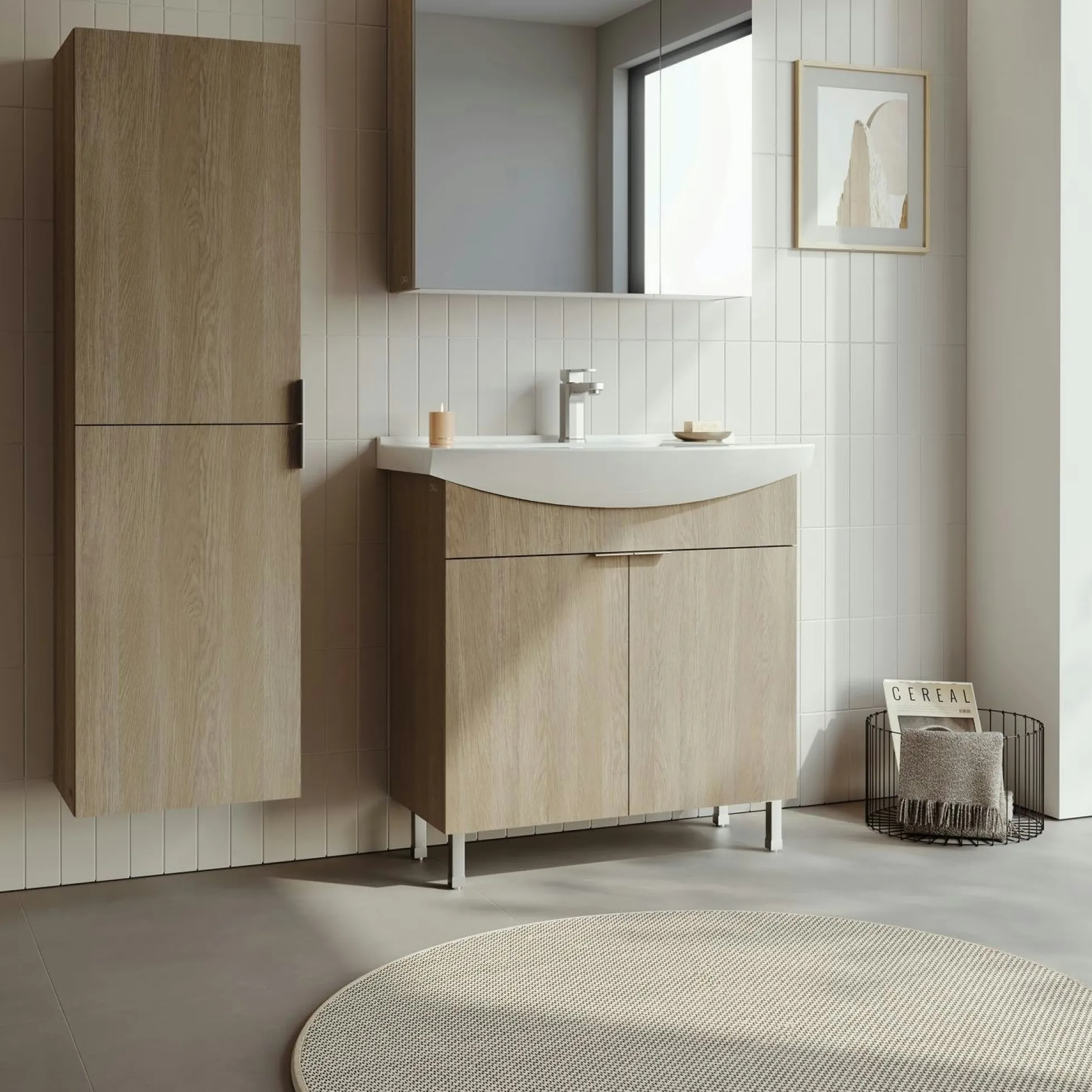 Meuble vasque salle de bains 80 cm décor chêne 2 portes UMI