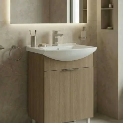 Meuble vasque salle de bains 55 cm décor chêne 2 portes UMI