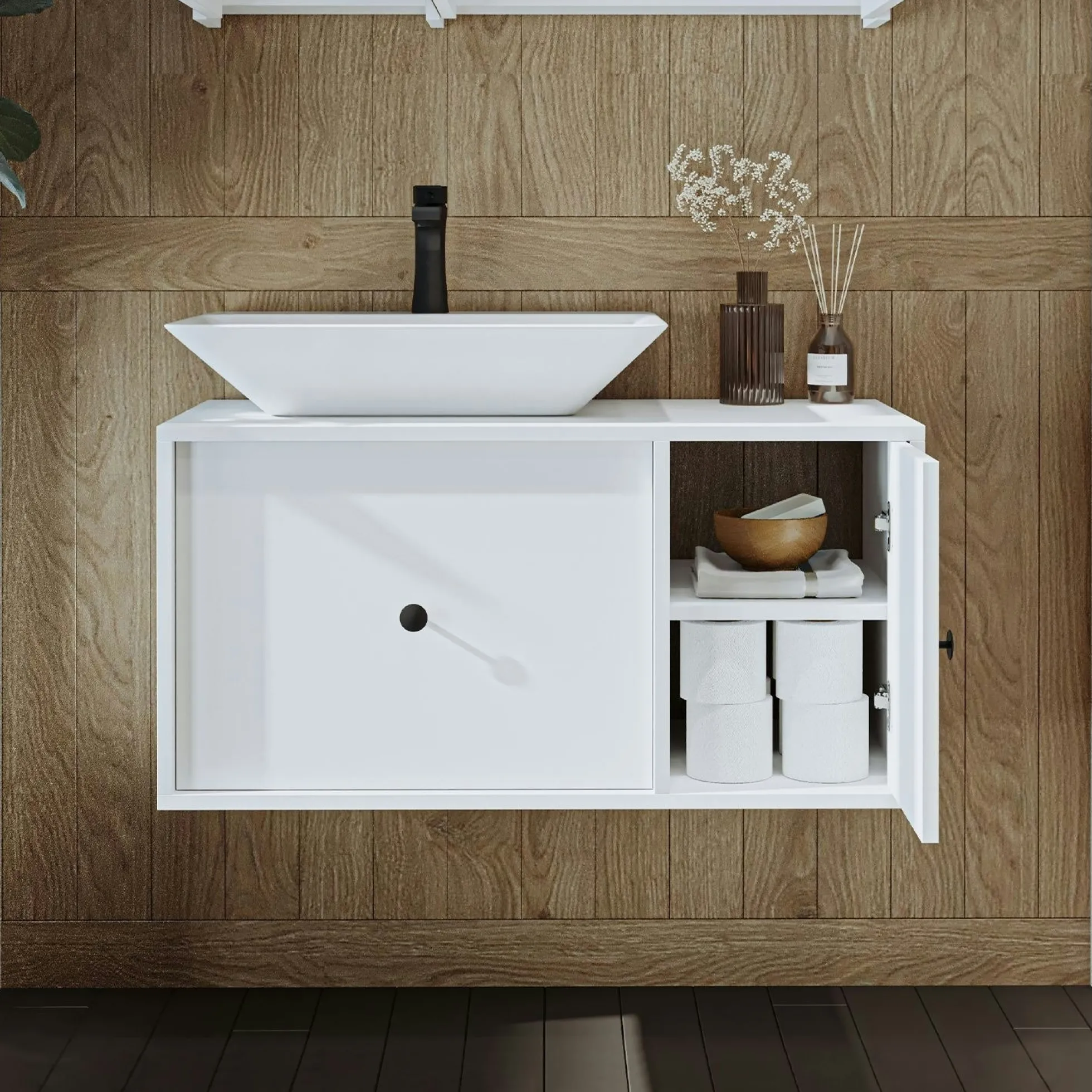 Meuble vasque suspendu blanc 1 porte 1 tiroir RIV