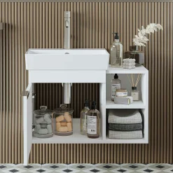Meuble vasque suspendu blanc 1 porte 2 niches NORIA