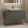 Meuble vasque suspendu blanc 100 cm anthracite et décor noyer 2 tiroirs RIA
