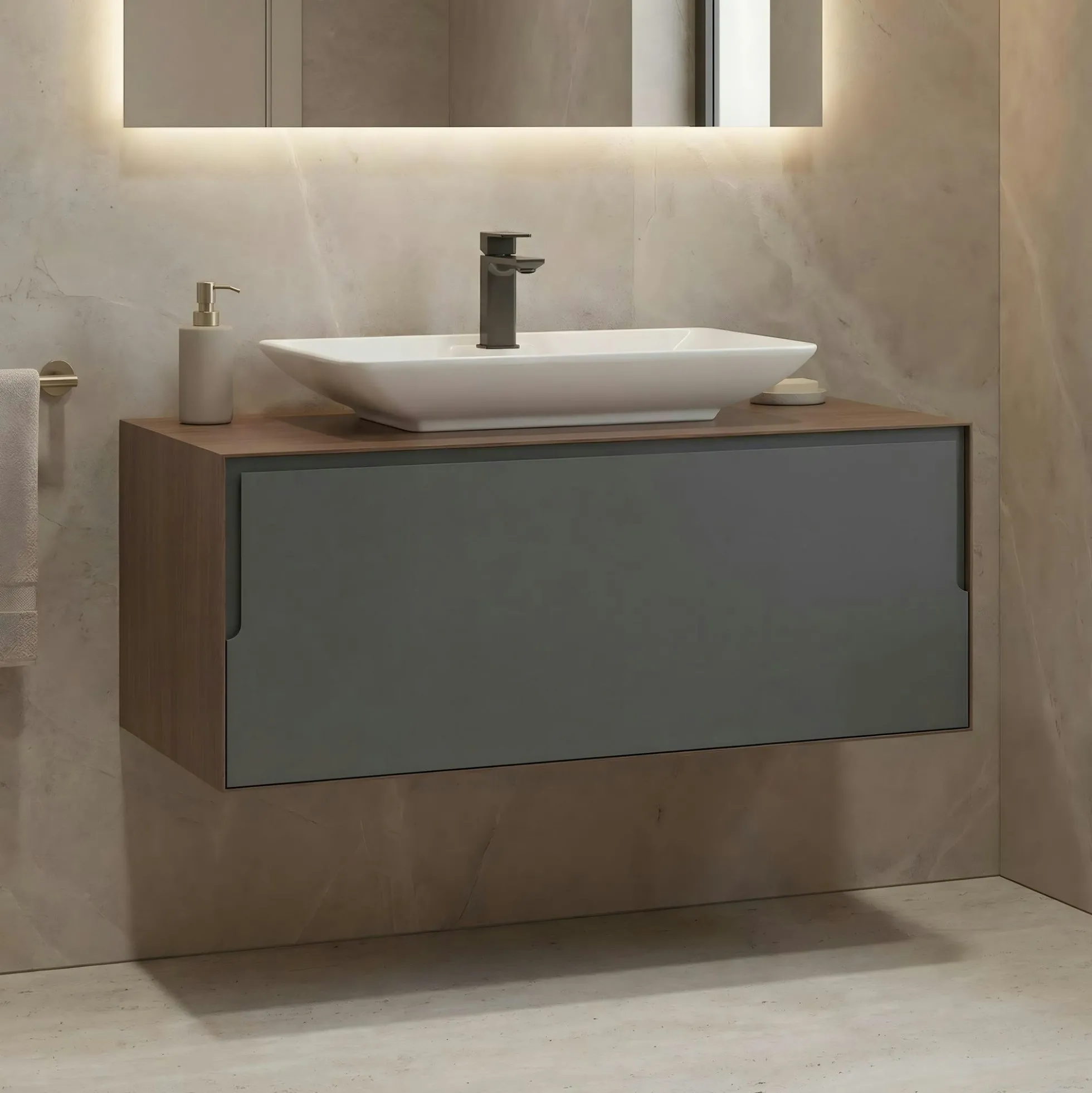 Meuble vasque suspendu blanc 100 cm anthracite et décor noyer 2 tiroirs RIA