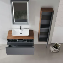 Meuble vasque suspendu blanc 100 cm anthracite et décor noyer 2 tiroirs RIA