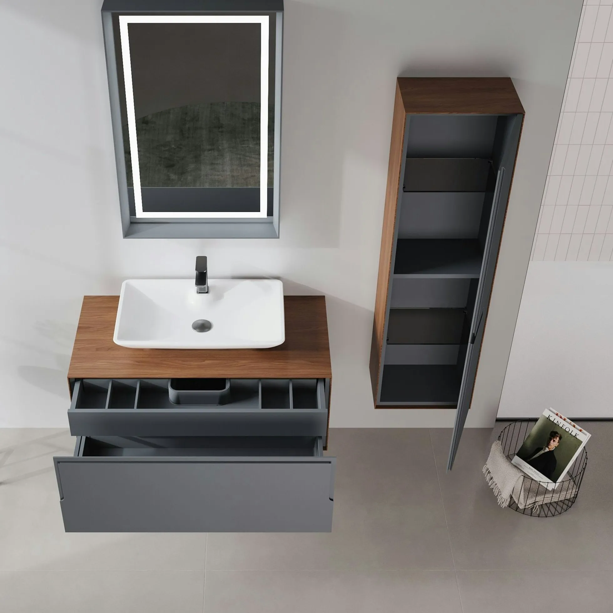 Meuble vasque suspendu blanc 100 cm anthracite et décor noyer 2 tiroirs RIA