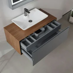 Meuble vasque suspendu blanc 100 cm anthracite et décor noyer 2 tiroirs RIA