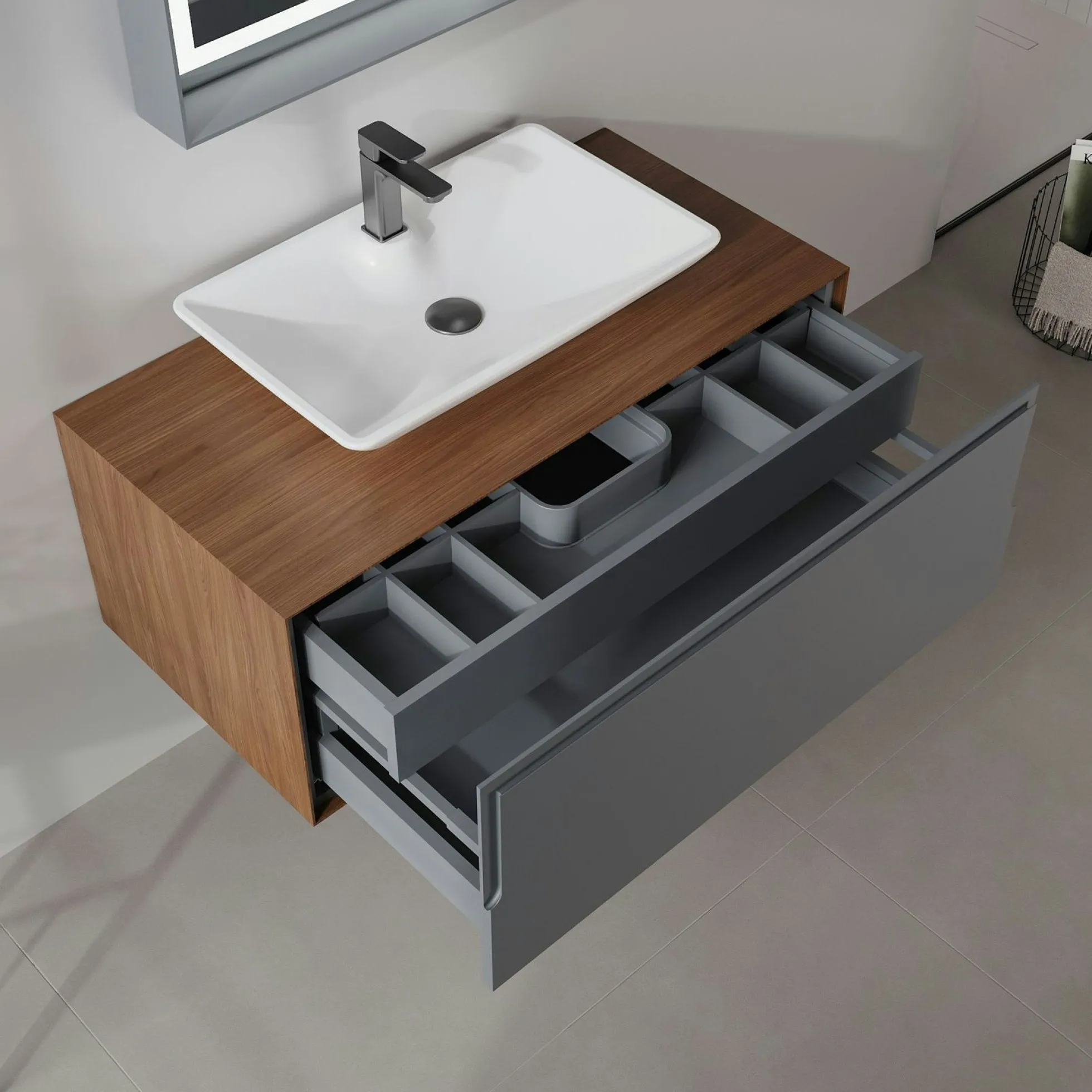Meuble vasque suspendu blanc 100 cm anthracite et décor noyer 2 tiroirs RIA