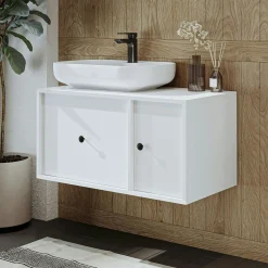 Meuble vasque suspendu blanc 1 tiroir 1 porte RILL