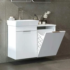 Meuble vasque suspendu blanc avec panier à linge NESSA