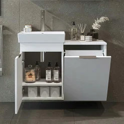 Meuble vasque suspendu blanc avec panier à linge NESSA