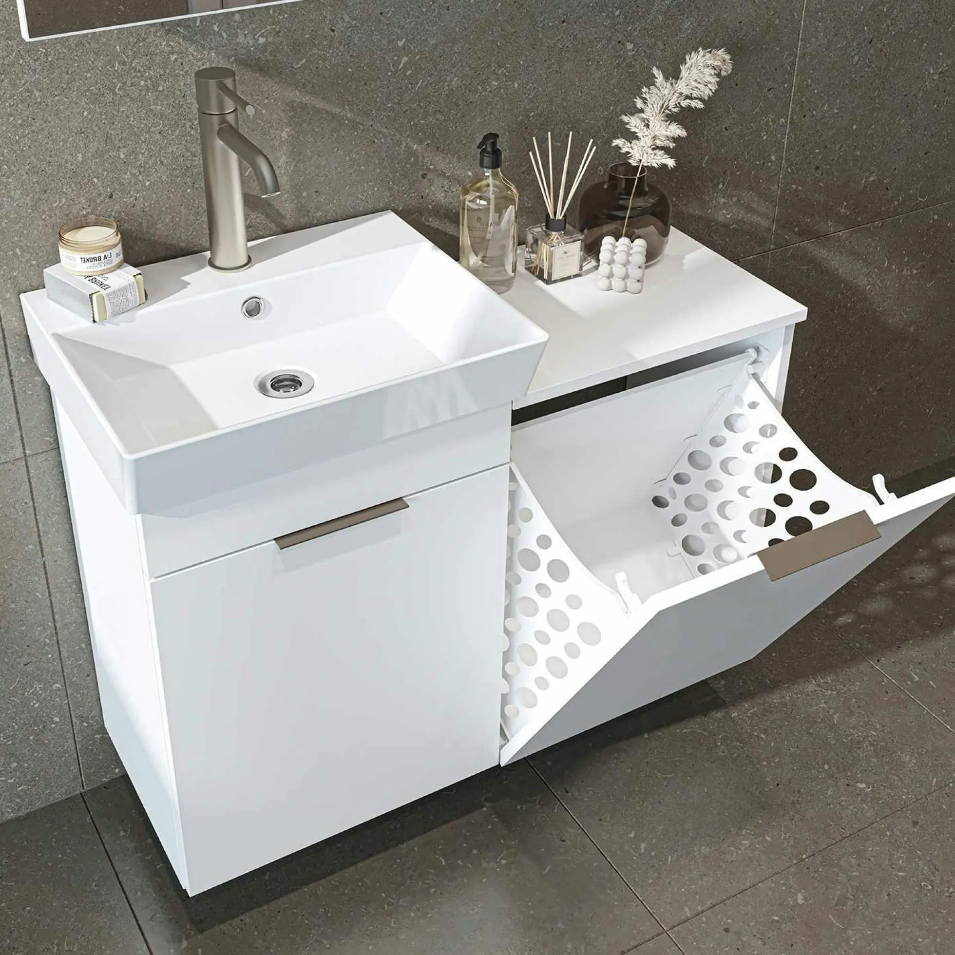 Meuble vasque suspendu blanc avec panier à linge NESSA