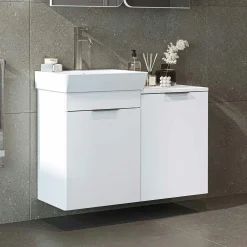 Meuble vasque suspendu blanc avec panier à linge NESSA