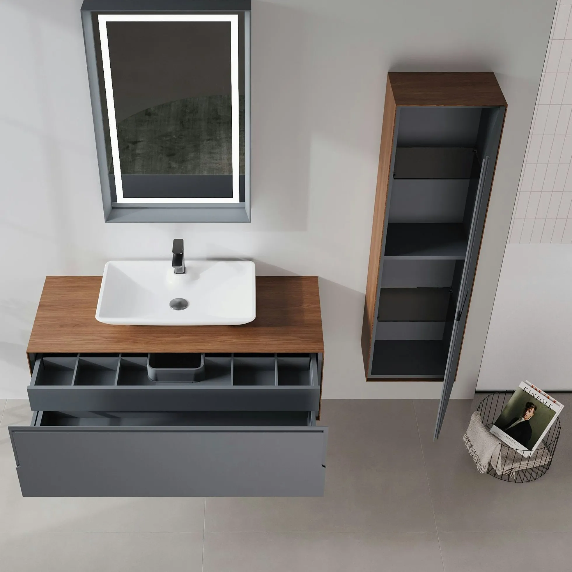 Meuble vasque suspendu blanc 120 cm anthracite et décor noyer 2 tiroirs RIA