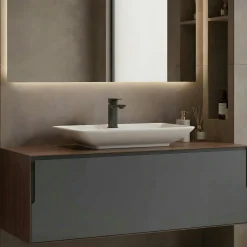 Meuble vasque suspendu blanc 120 cm anthracite et décor noyer 2 tiroirs RIA