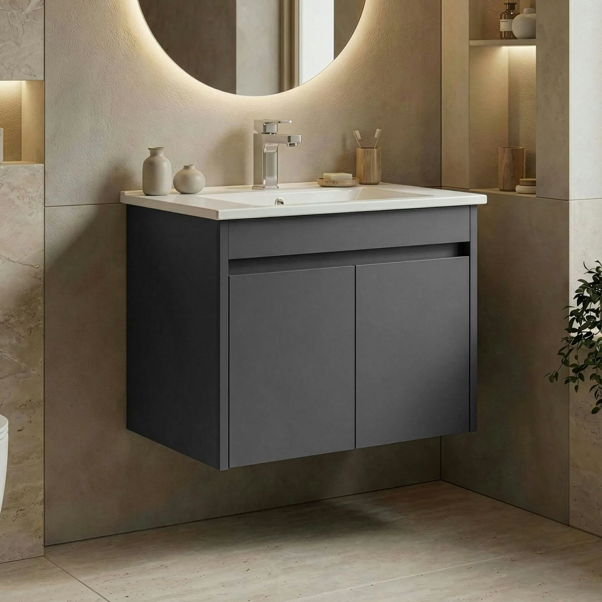 Meuble vasque suspendu 65 cm anthracite 2 portes MOANA