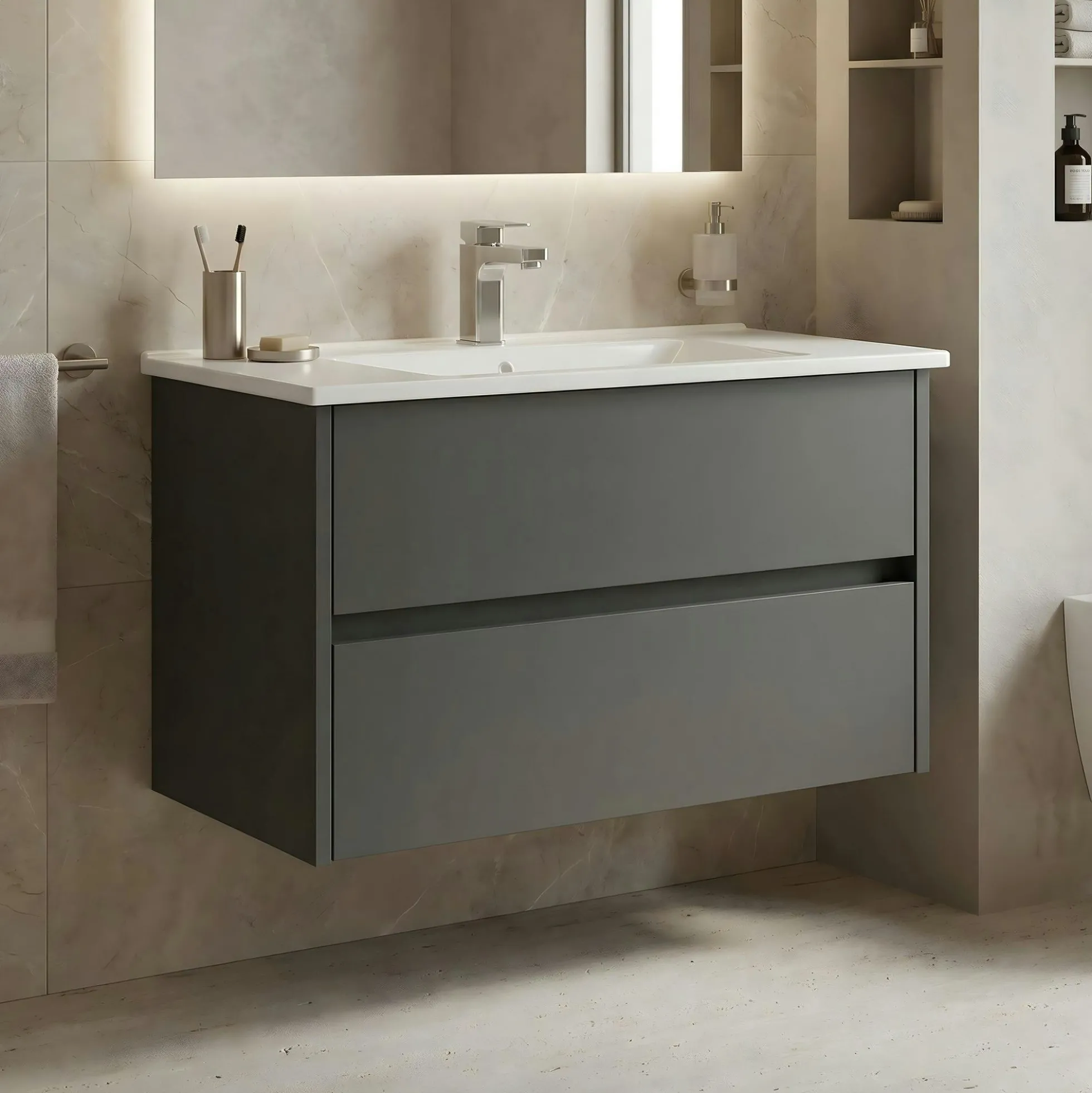 Meuble vasque suspendu 85 cm anthracite 2 tiroirs NAÏA