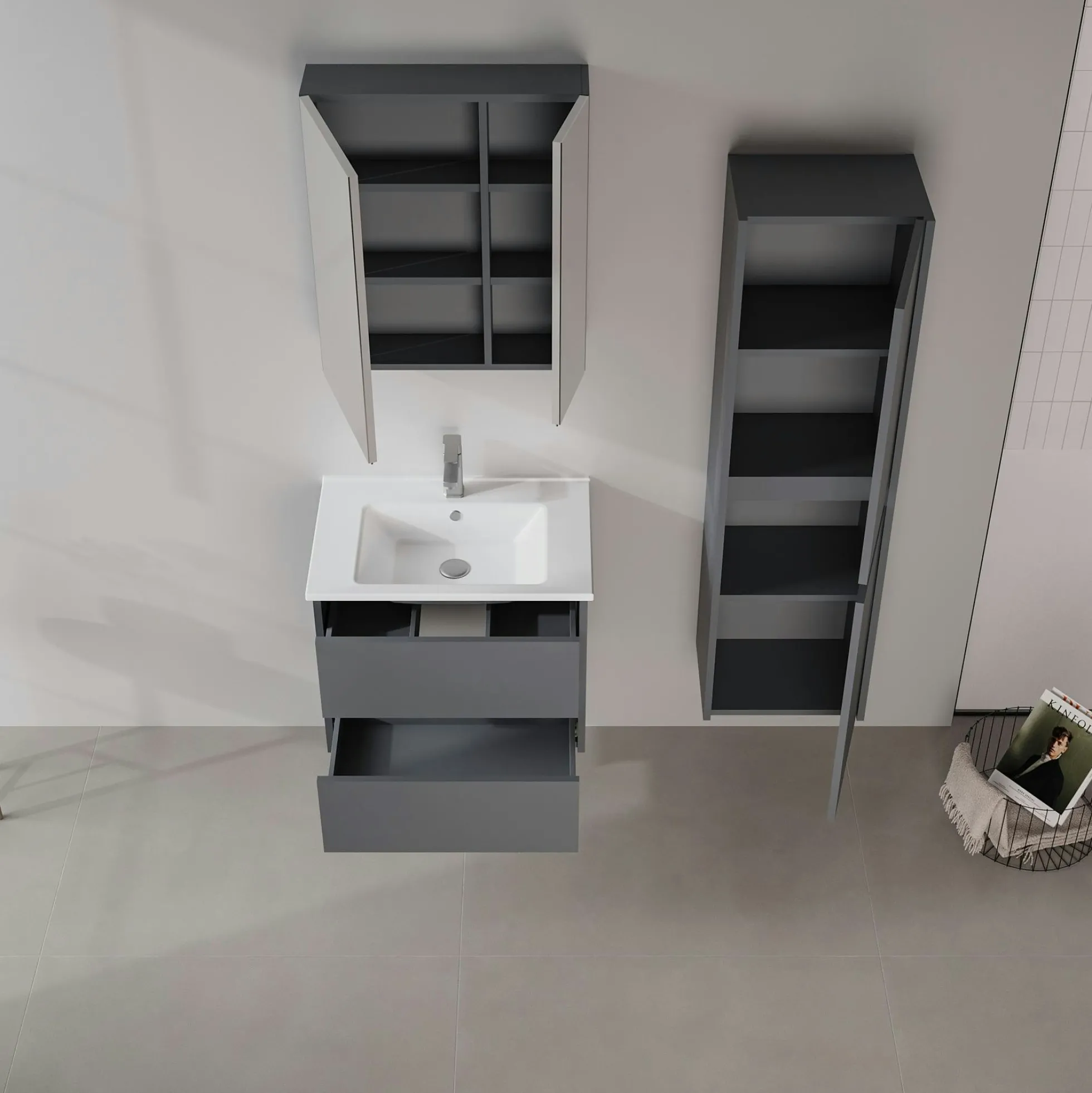 Meuble vasque suspendu 65 cm anthracite 2 tiroirs MOANA