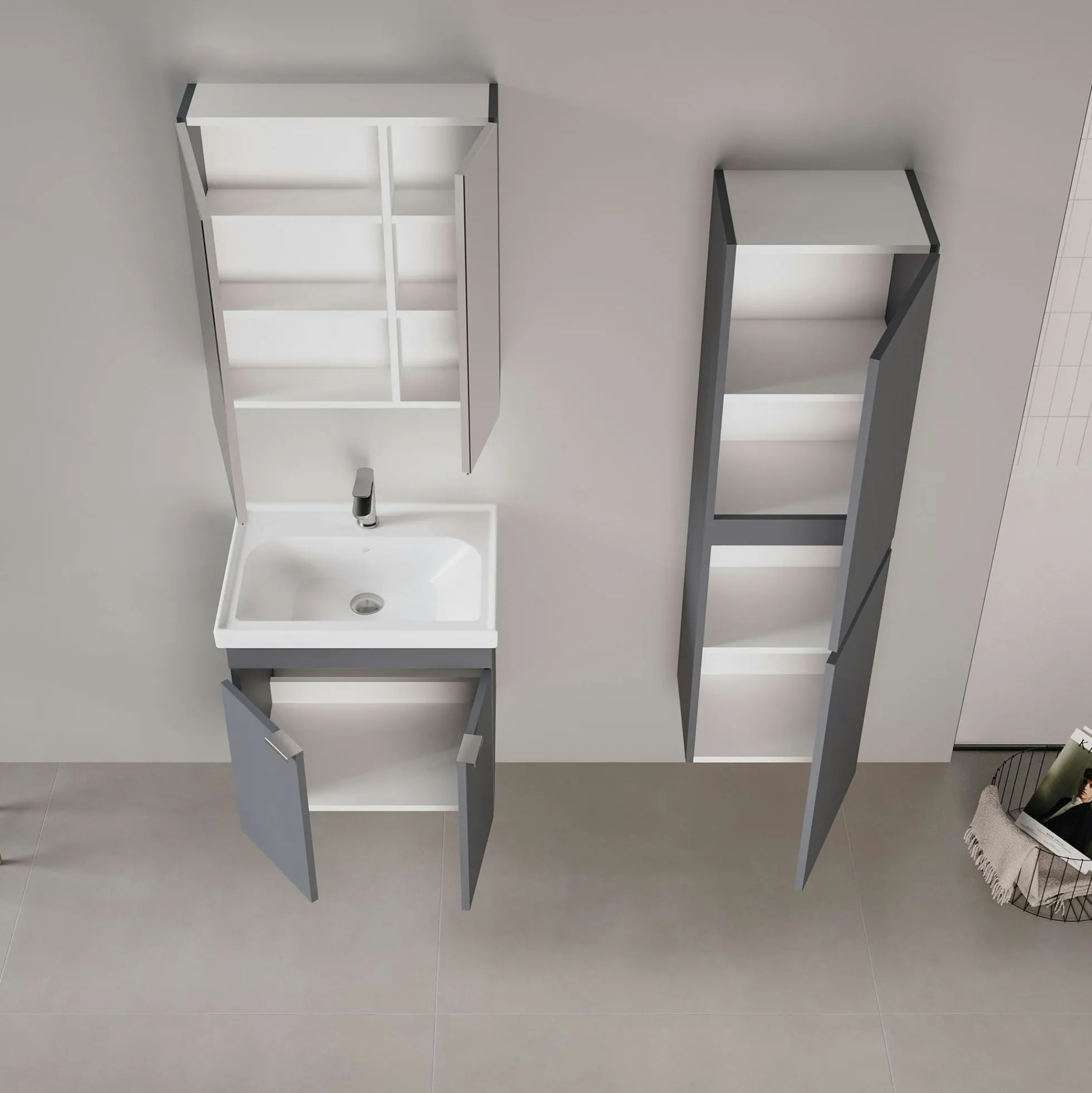 Meuble vasque suspendu 50 cm anthracite 2 portes NEA