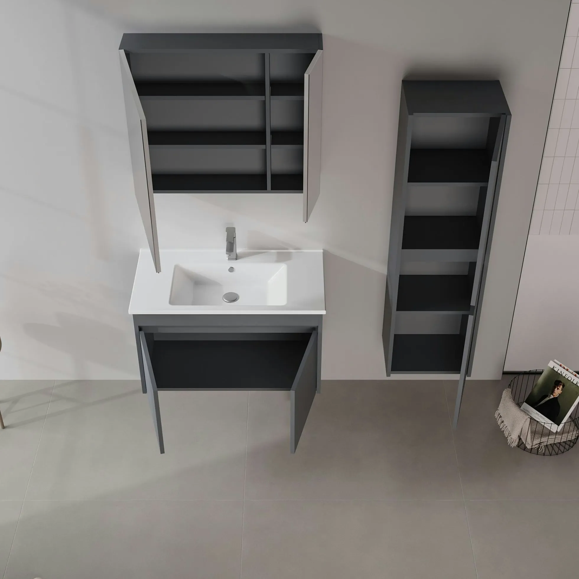 Meuble vasque suspendu 85 cm anthracite 2 portes MOANA