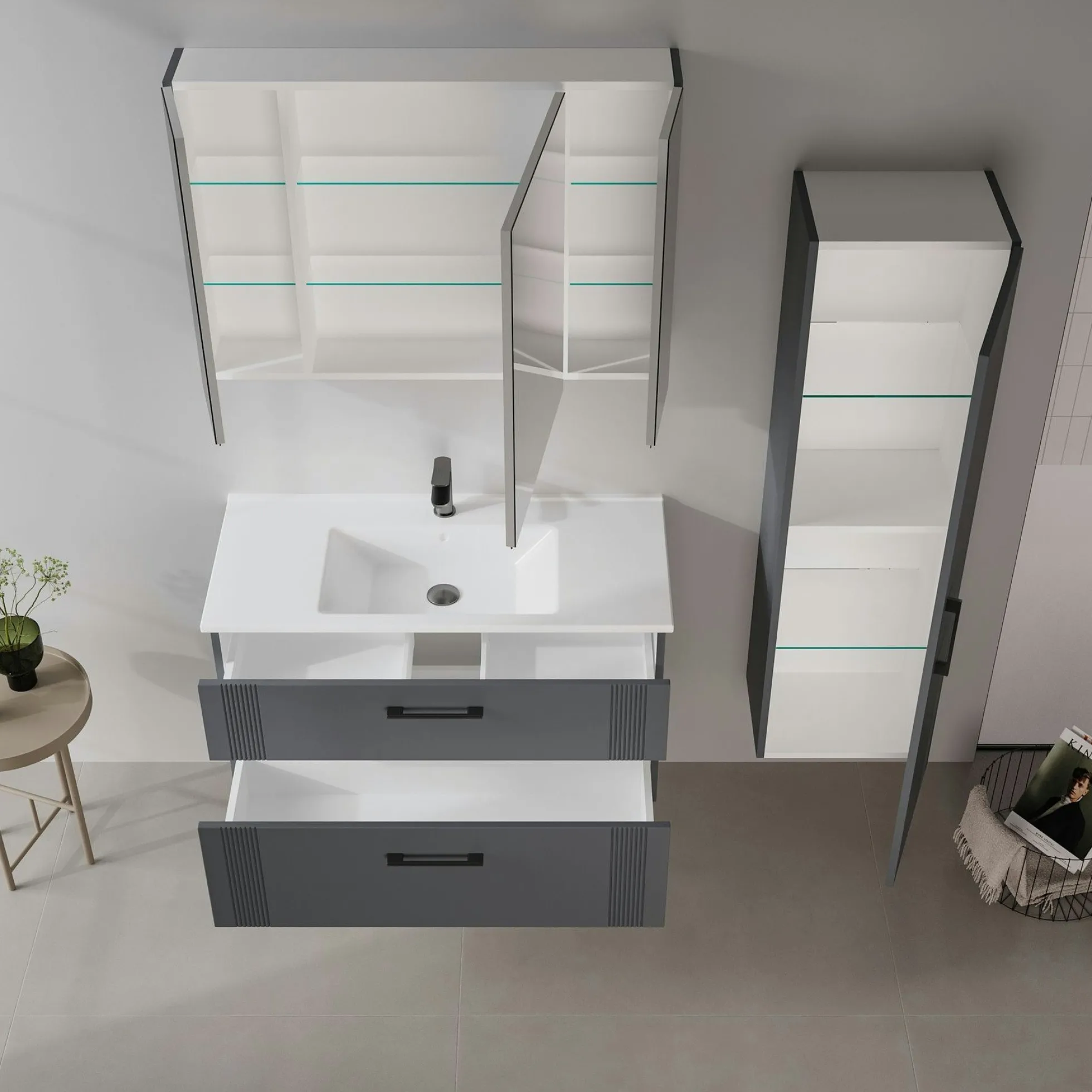 Meuble vasque suspendu 100 cm anthracite 2 tiroirs ONDIA