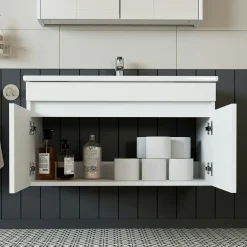 Meuble vasque suspendu 85 cm blanc 2 portes LAAN