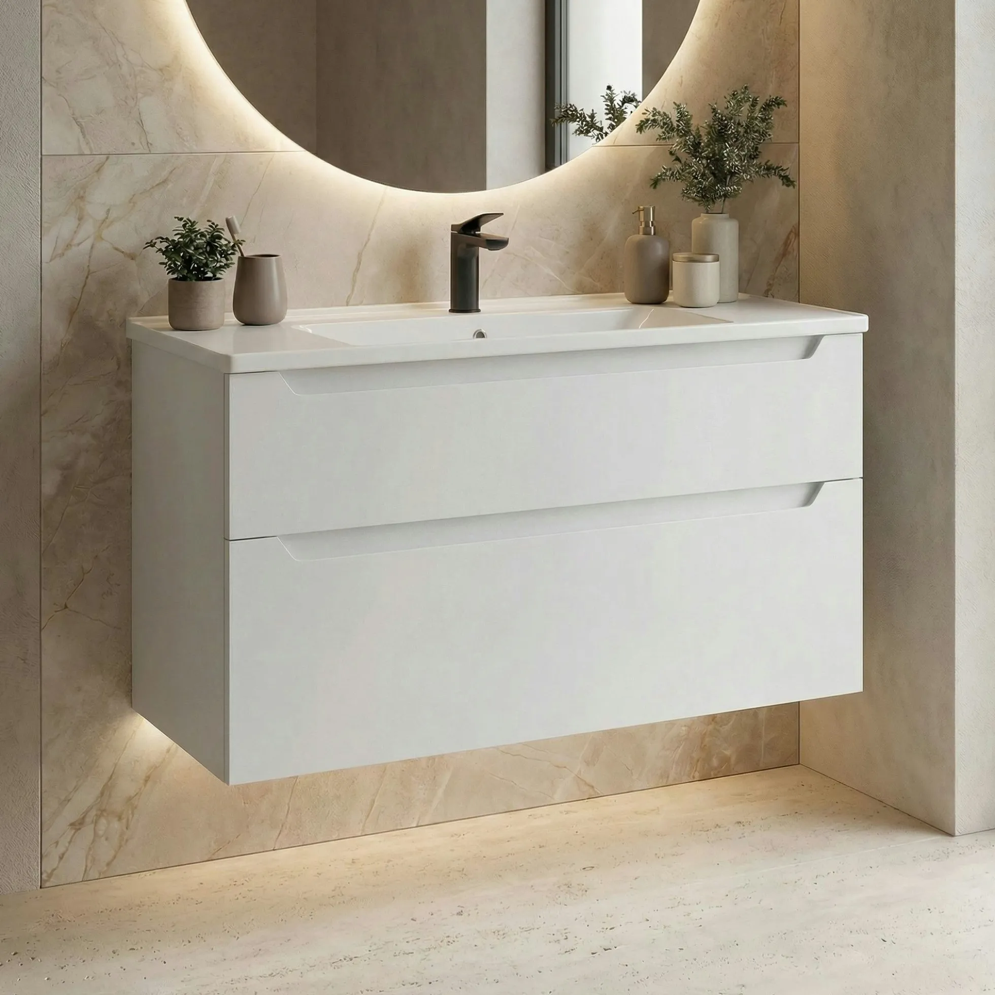 Meuble vasque suspendu 100 cm blanc 2 tiroirs ELYO