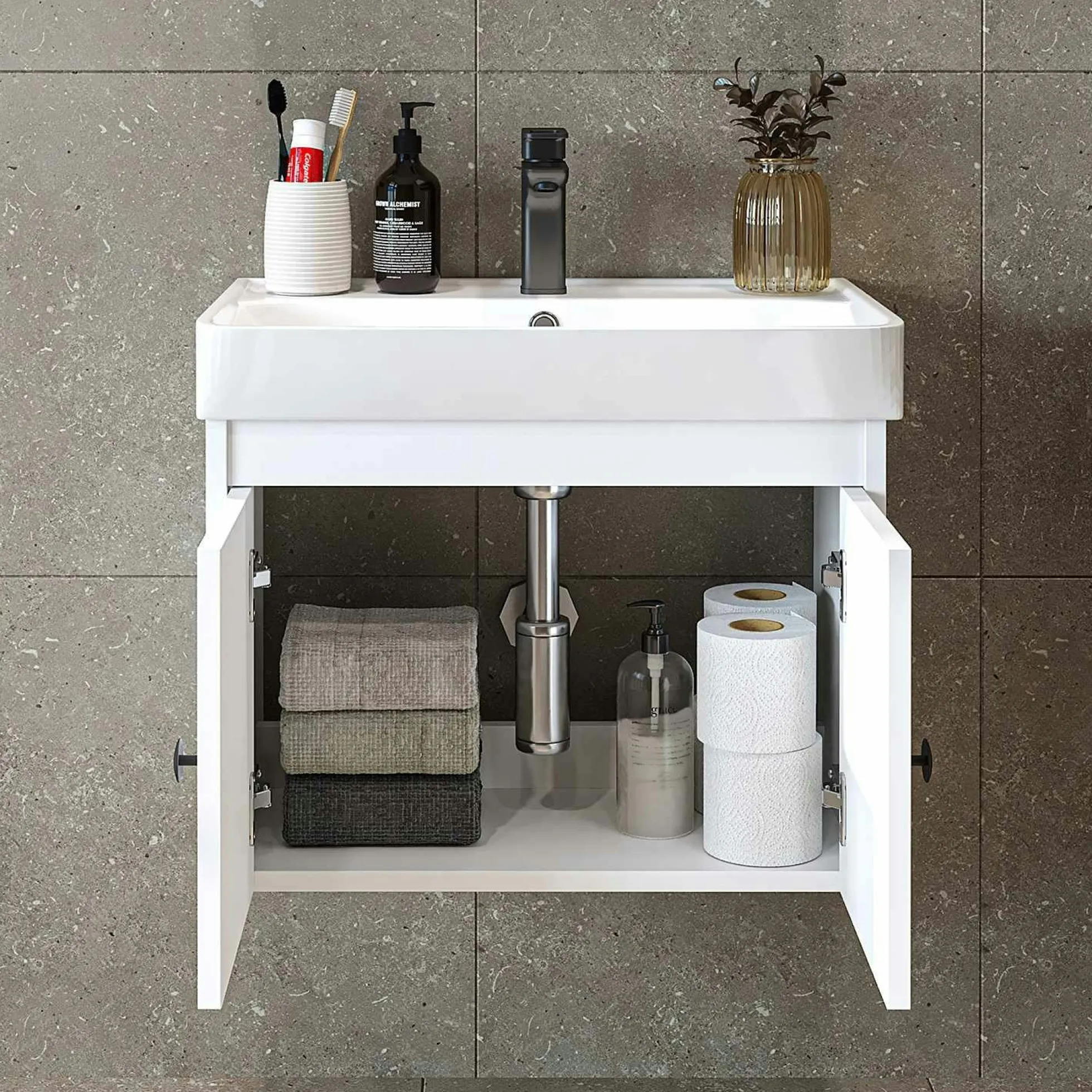 Meuble vasque suspendu 60 cm blanc 2 portes JUSA