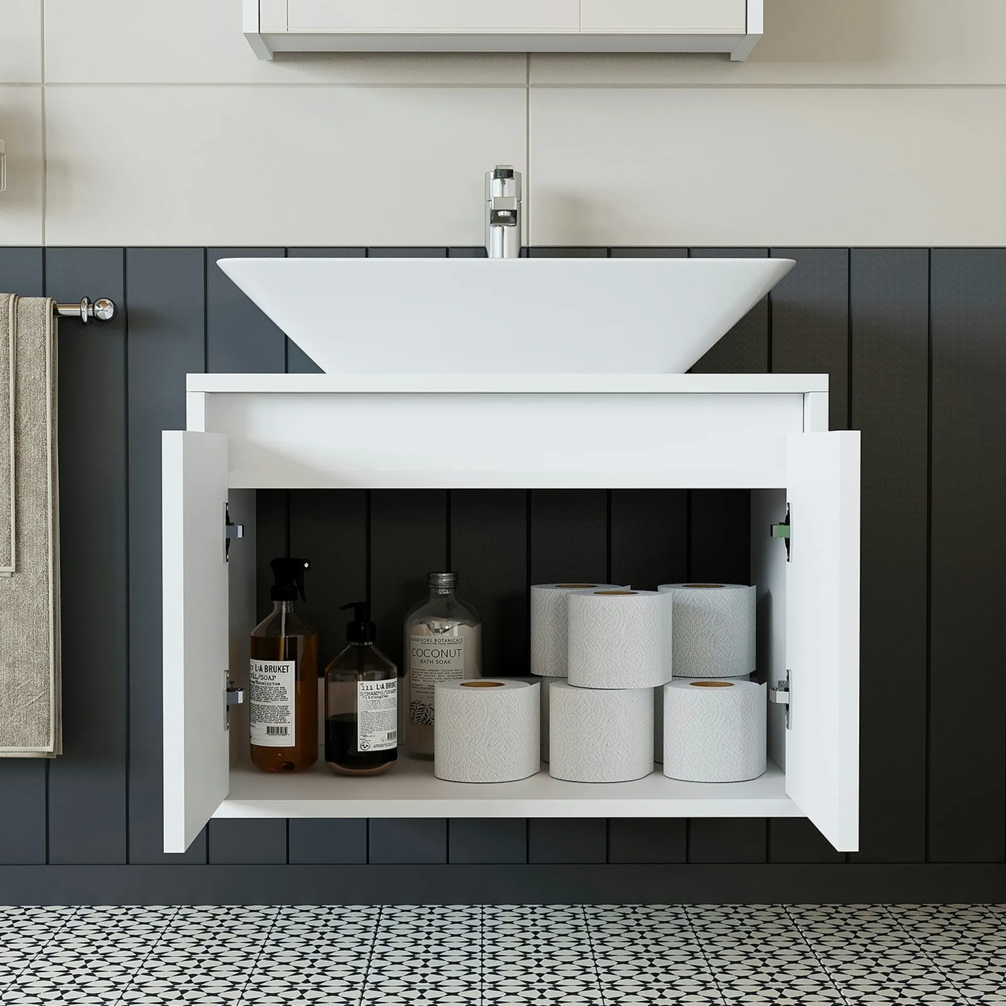 Meuble vasque suspendu 65 cm blanc 2 portes MARN