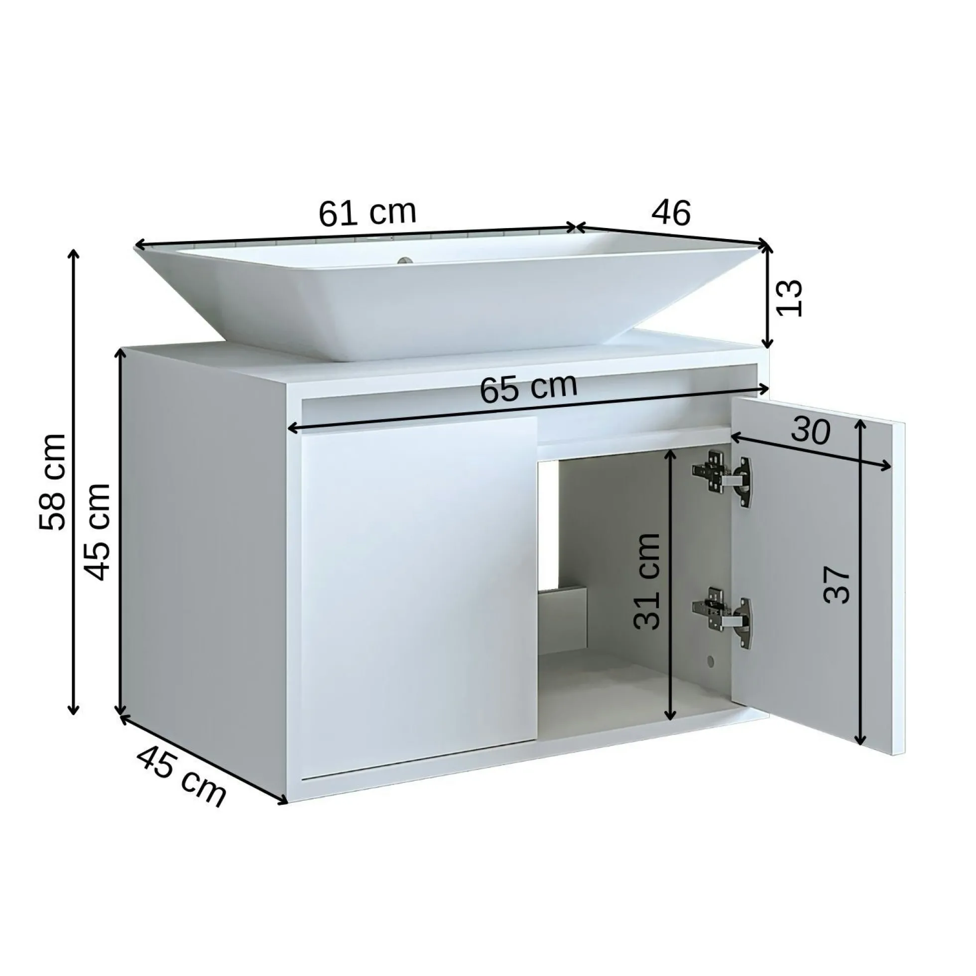 Meuble vasque suspendu 65 cm blanc 2 portes MARN