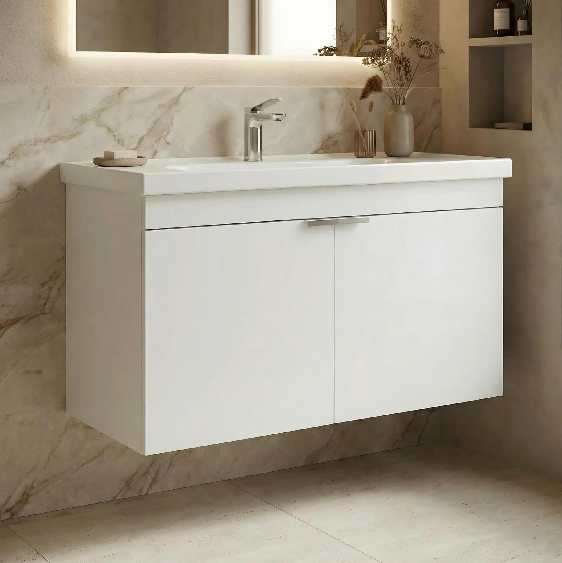 Meuble vasque suspendu 90 cm blanc 2 portes NEA