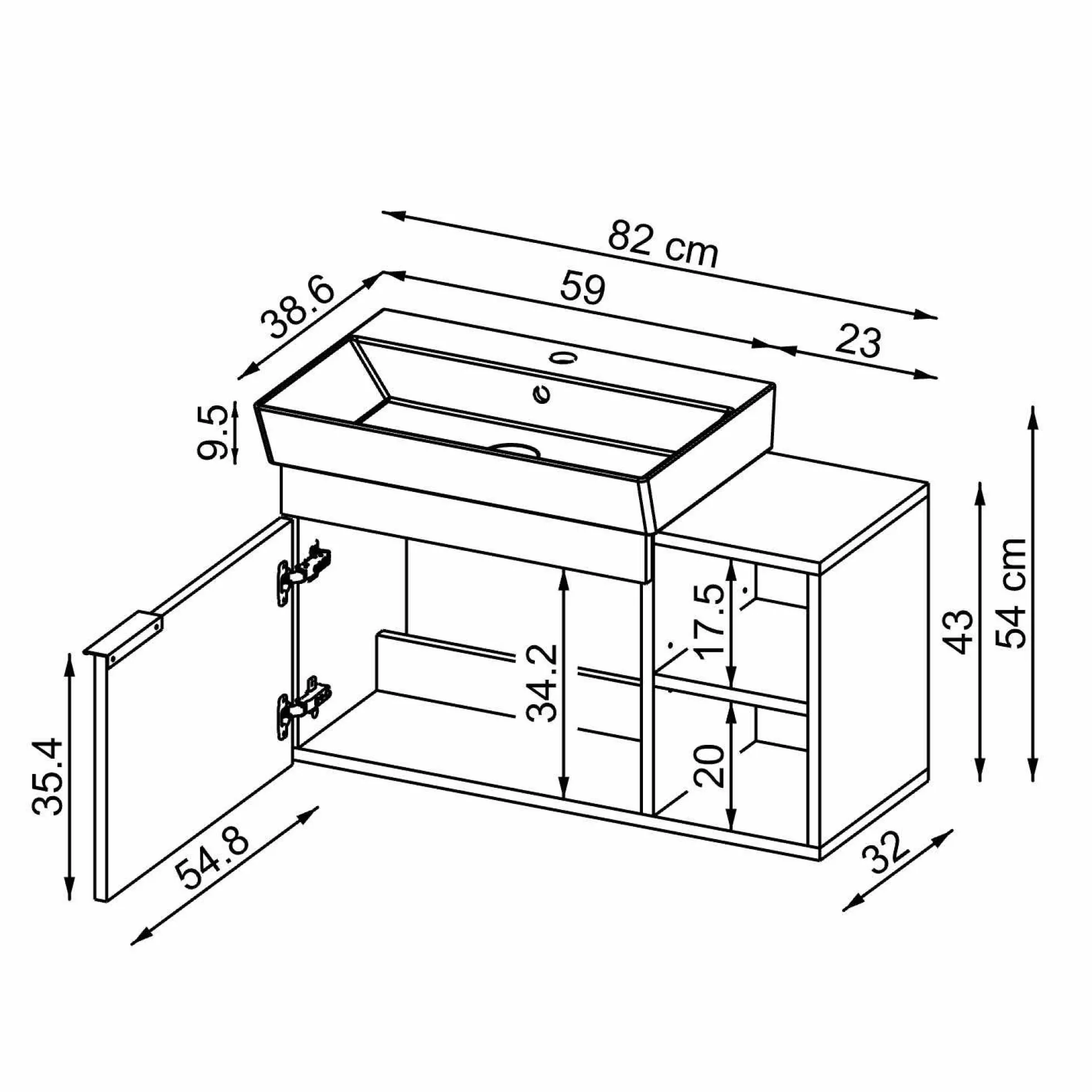 Meuble vasque suspendu 82 cm blanc 1 porte 2 niches NORIA