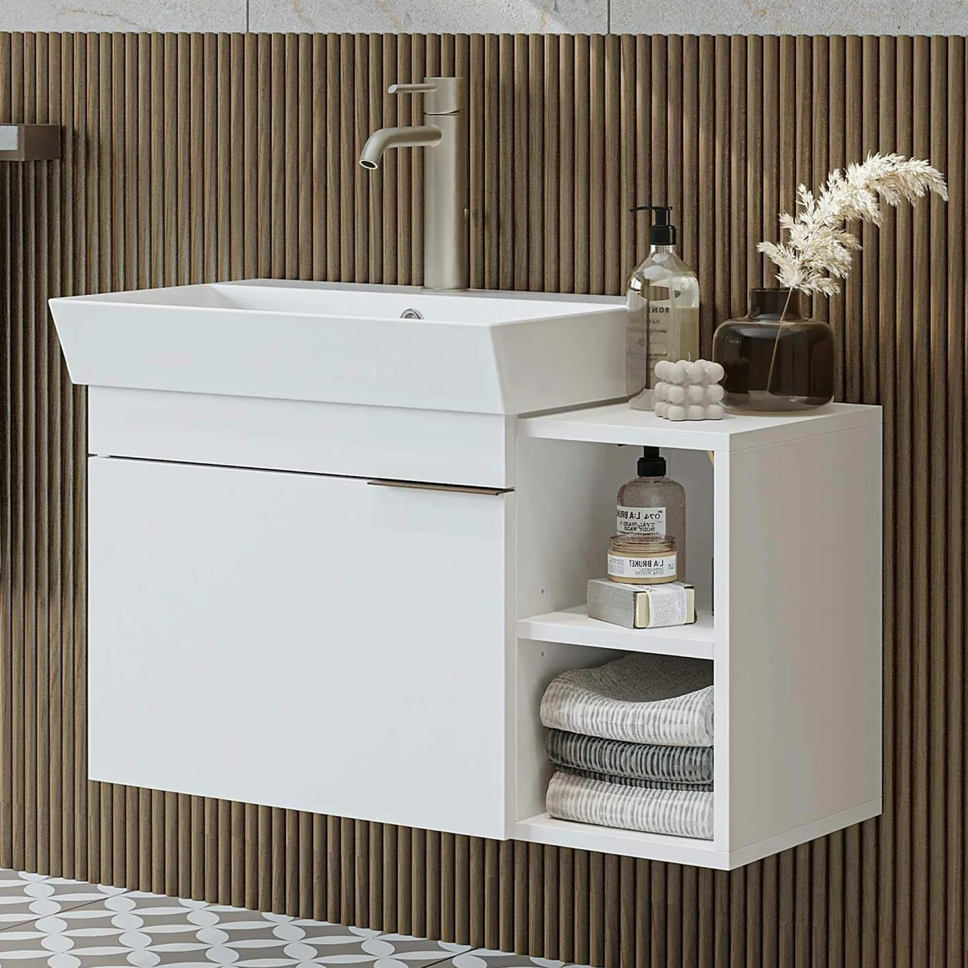 Meuble vasque suspendu 82 cm blanc 1 porte 2 niches NORIA