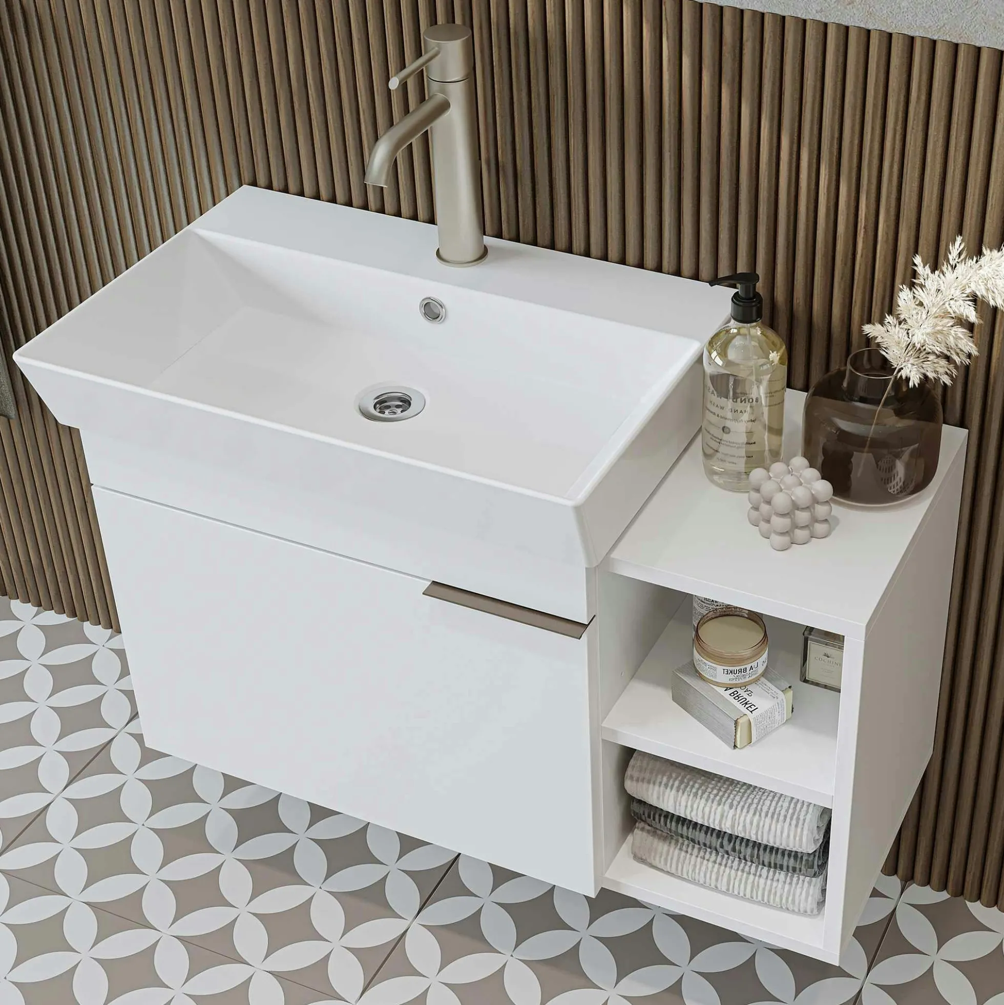 Meuble vasque suspendu 82 cm blanc 1 porte 2 niches NORIA