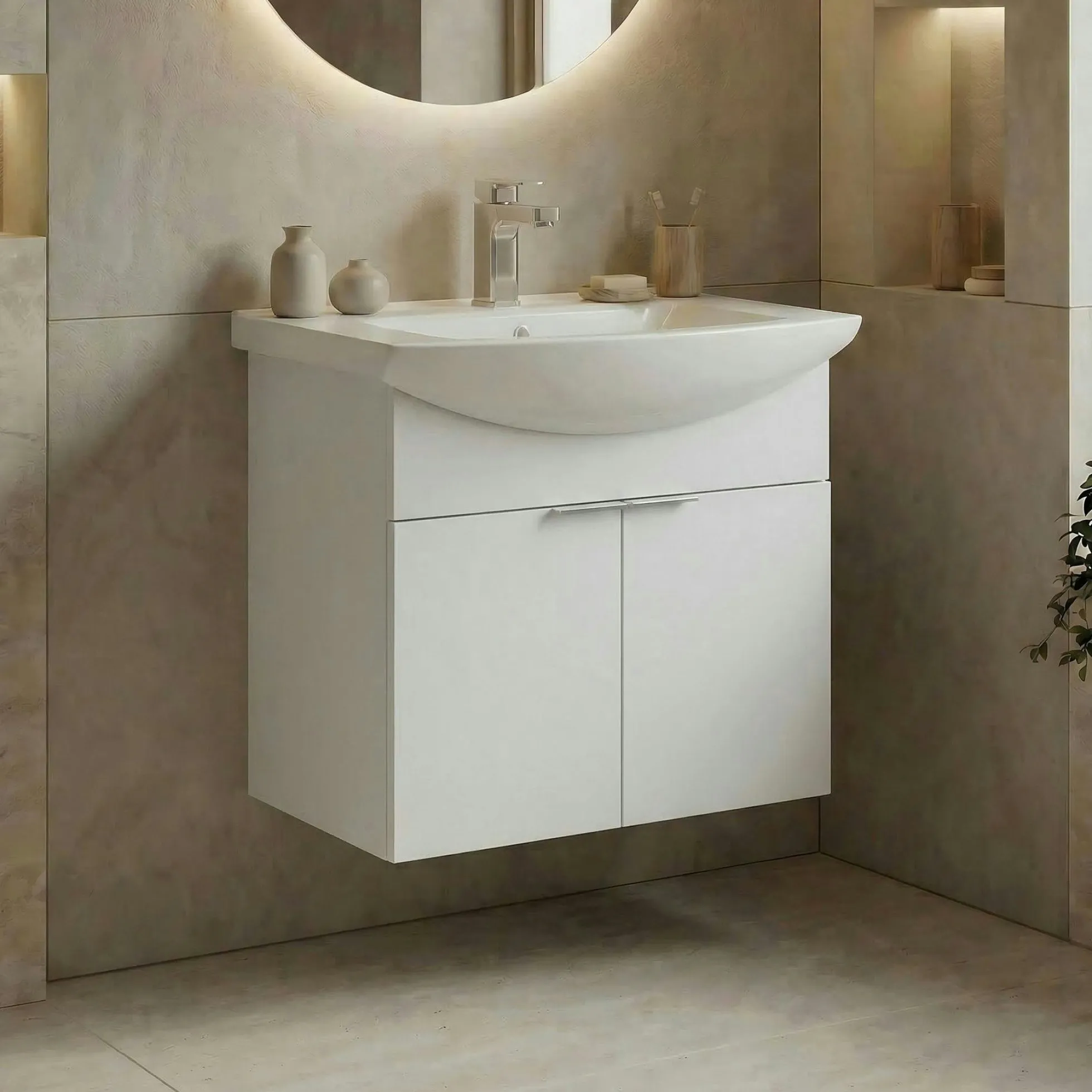 Meuble vasque suspendu 55 cm blanc 2 portes UMI