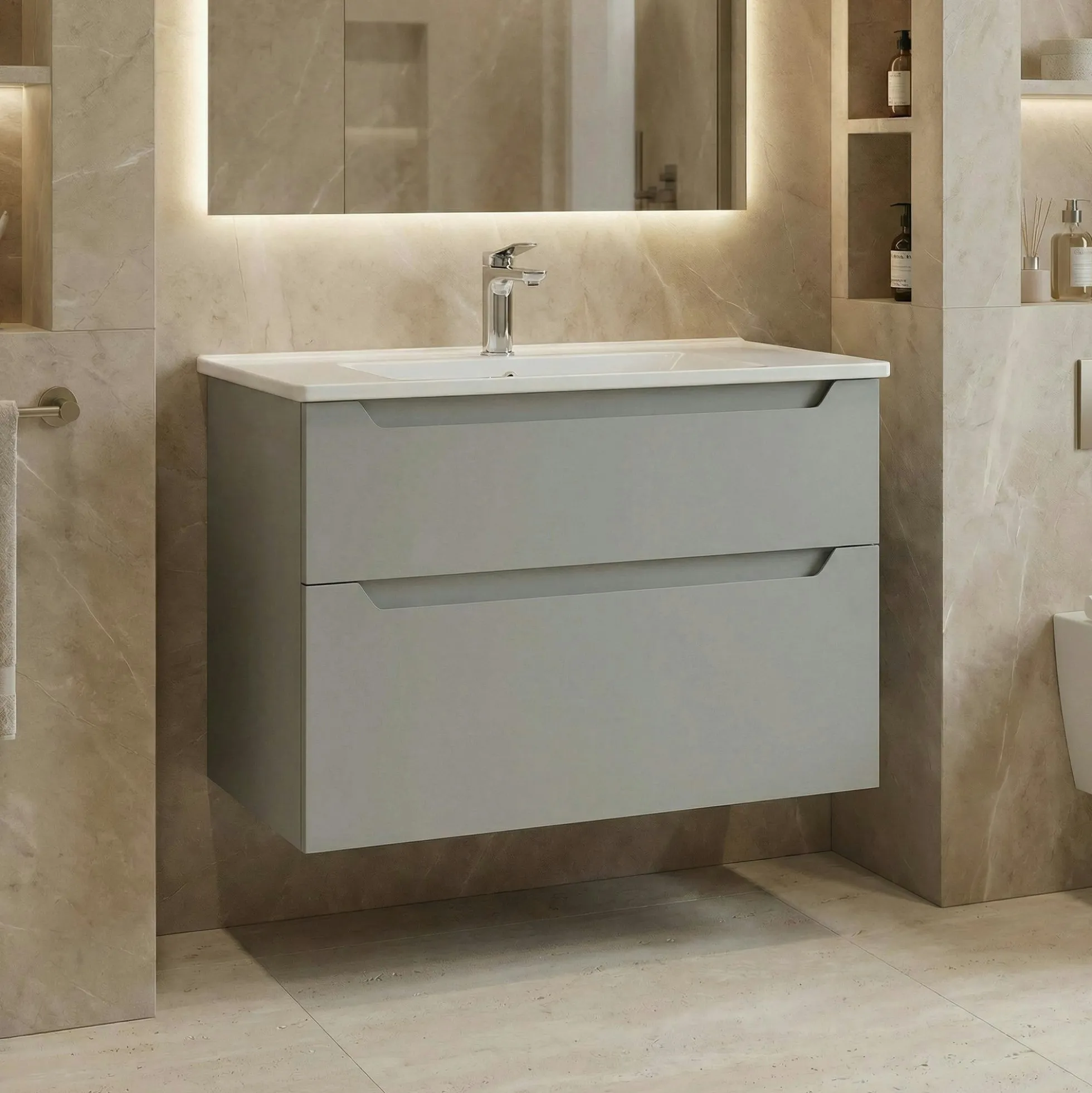 Meuble vasque suspendu 85 cm cachemire 2 tiroirs ELYO
