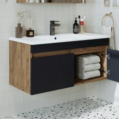 Meuble vasque suspendu 100 cm décor pin et gris 2 portes AQUO