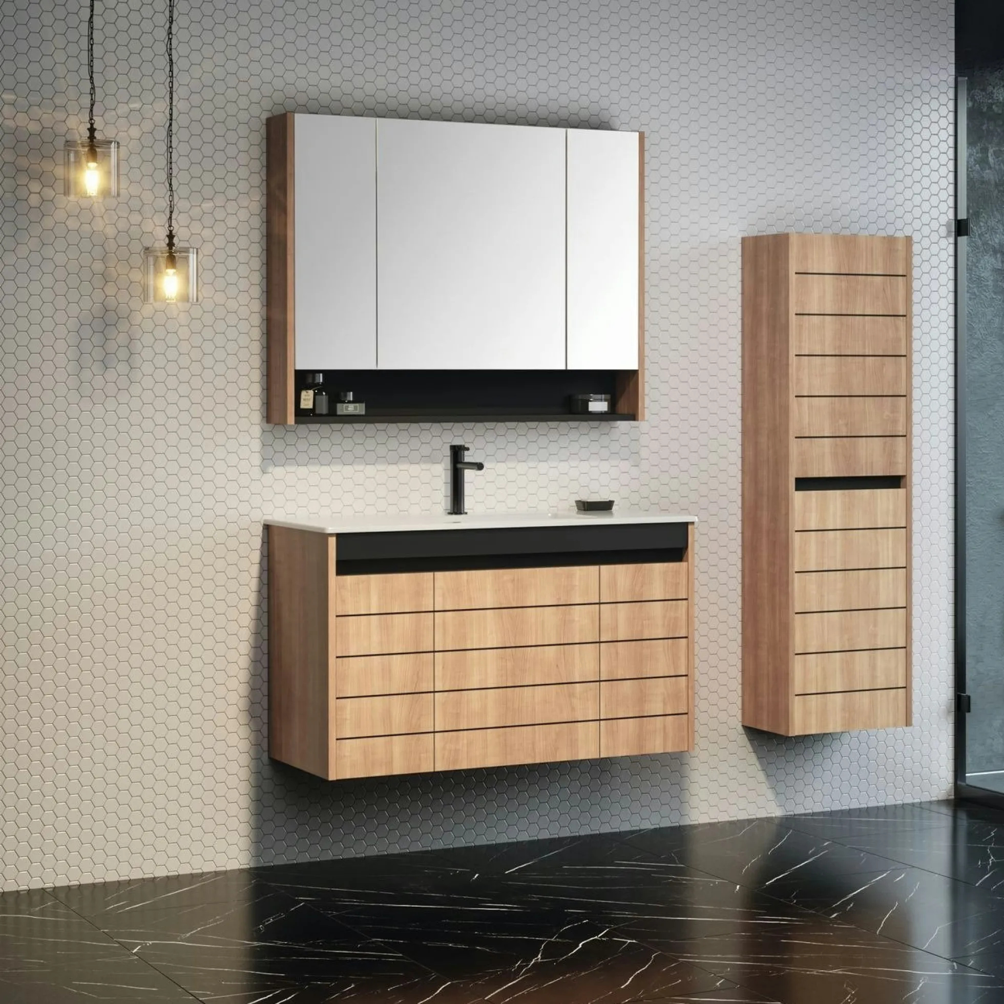 Meuble vasque suspendu 100 cm décor chêne 3 portes AÏGA