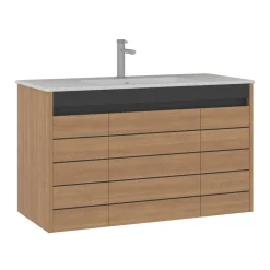 Meuble vasque suspendu 100 cm décor chêne 3 portes AÏGA