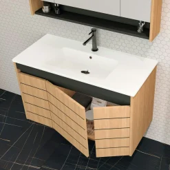 Meuble vasque suspendu 100 cm décor chêne 3 portes AÏGA