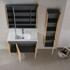 Meuble vasque suspendu 100 cm décor chêne 3 portes AÏGA