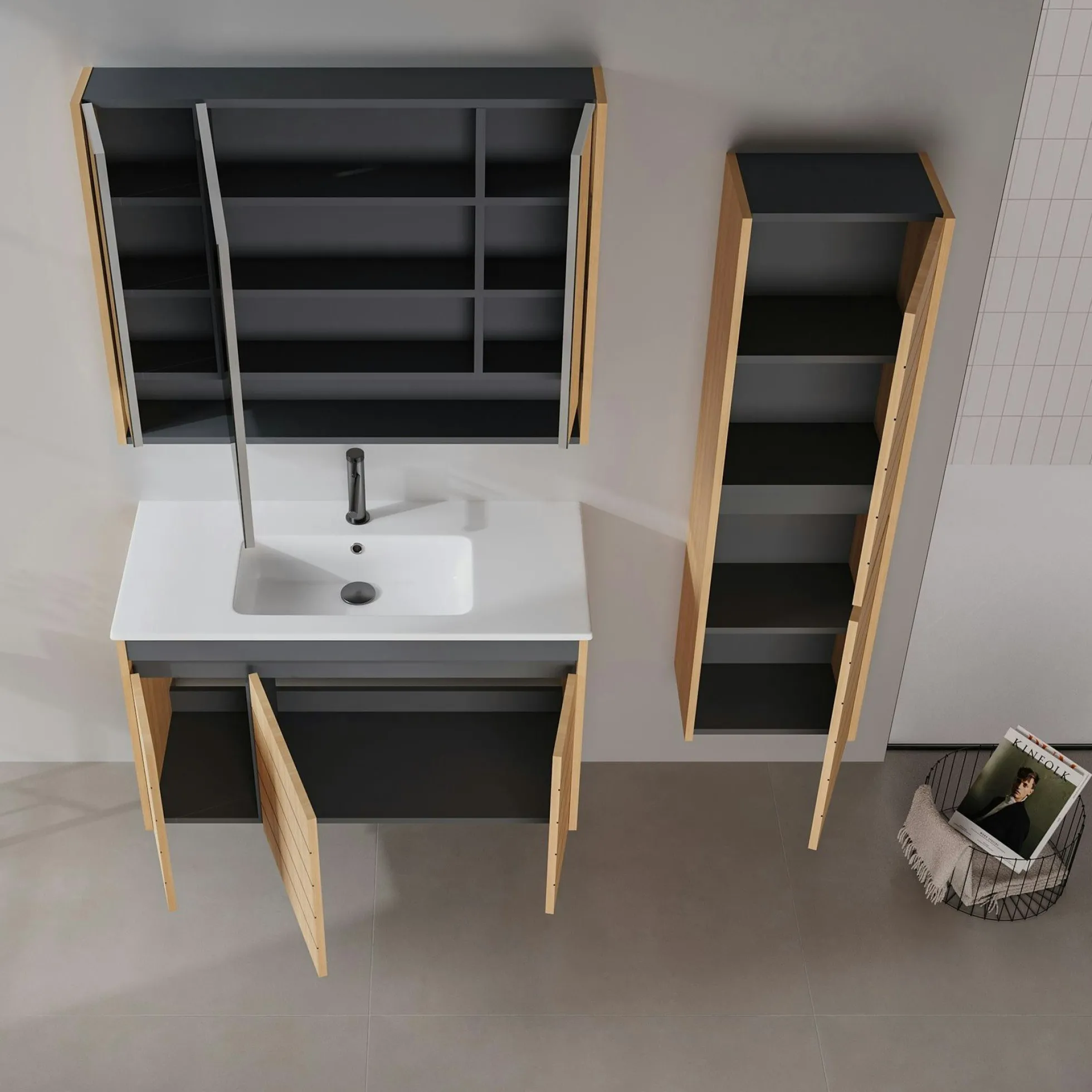 Meuble vasque suspendu 100 cm décor chêne 3 portes AÏGA