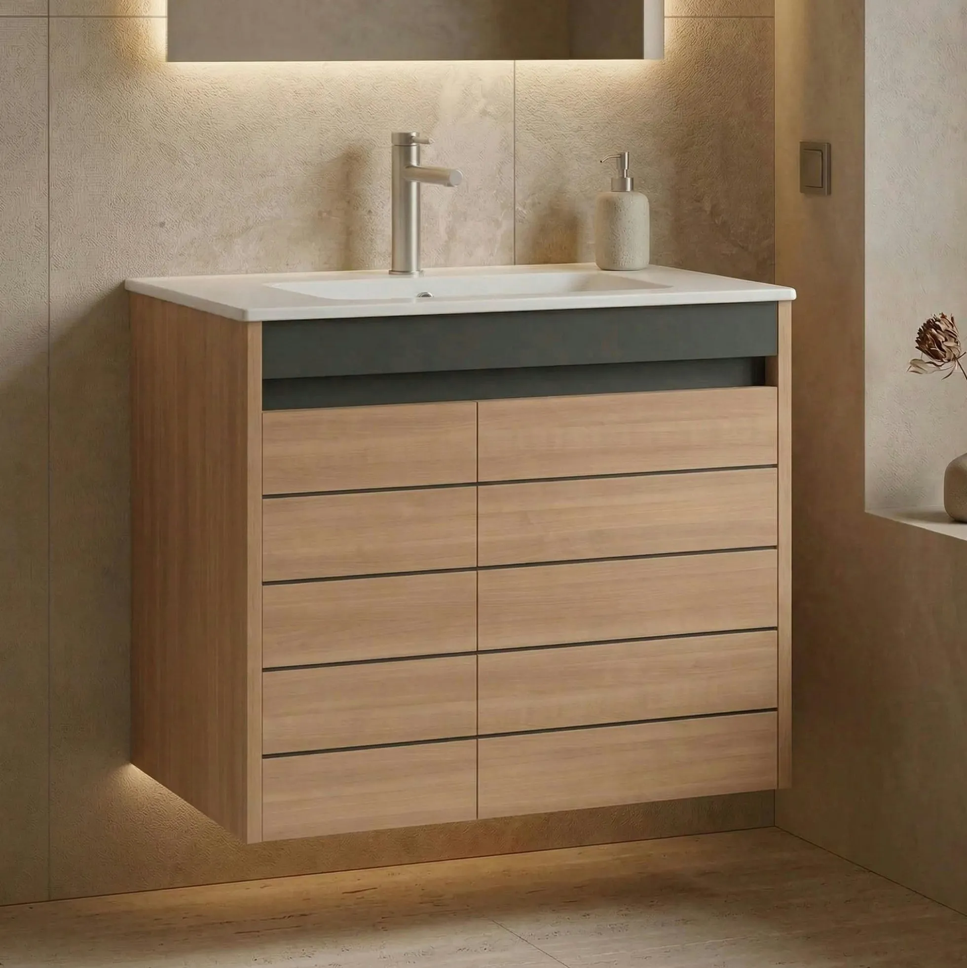 Meuble vasque suspendu 80 cm décor chêne 2 portes AÏGA