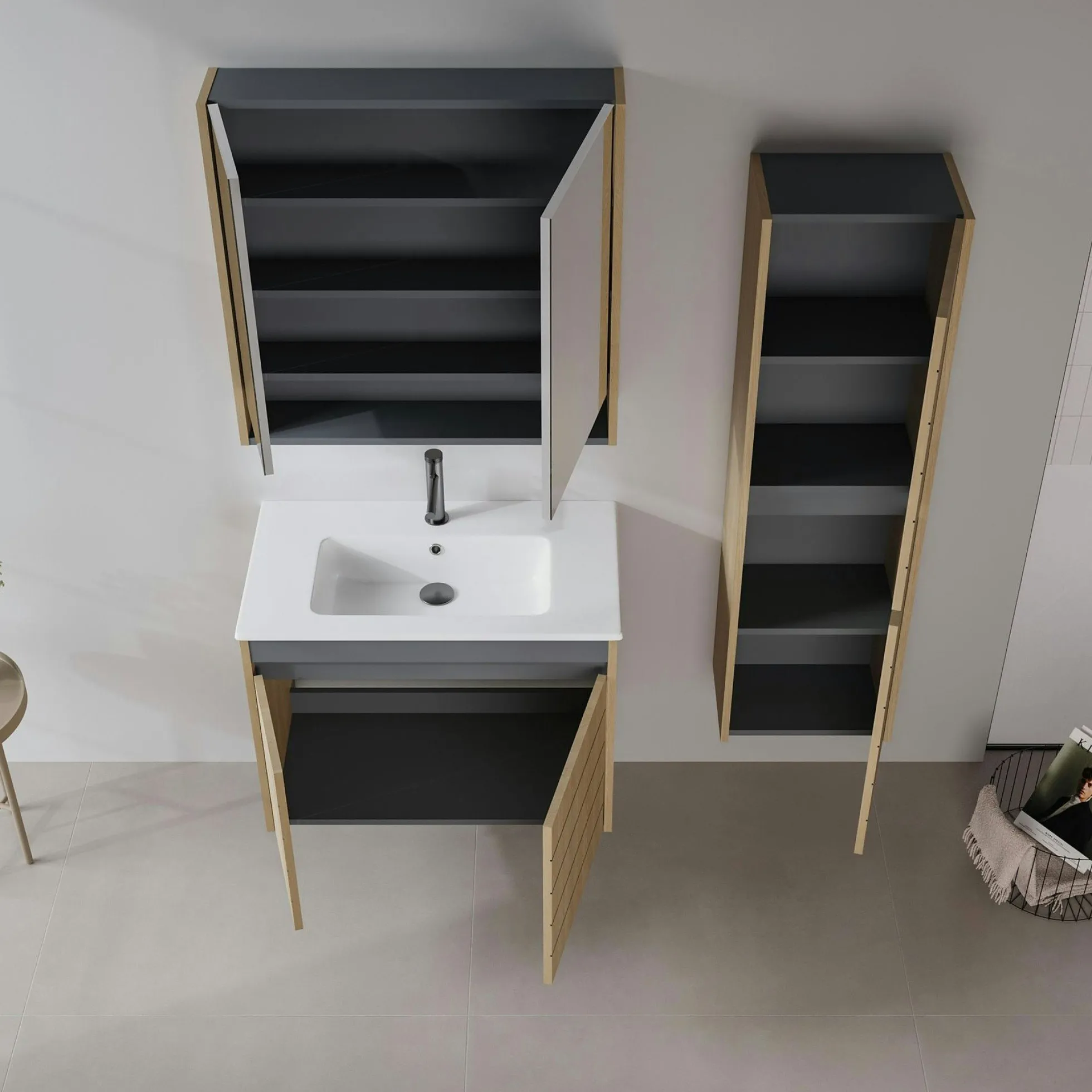 Meuble vasque suspendu 80 cm décor chêne 2 portes AÏGA