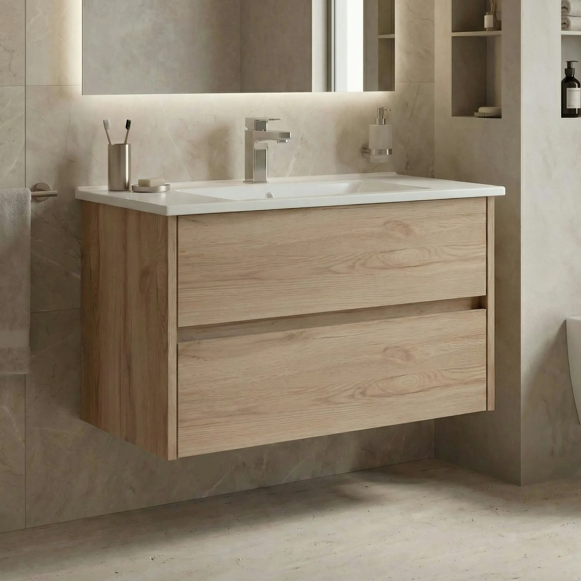 Meuble vasque suspendu 85 cm décor chêne 2 tiroirs MOANA