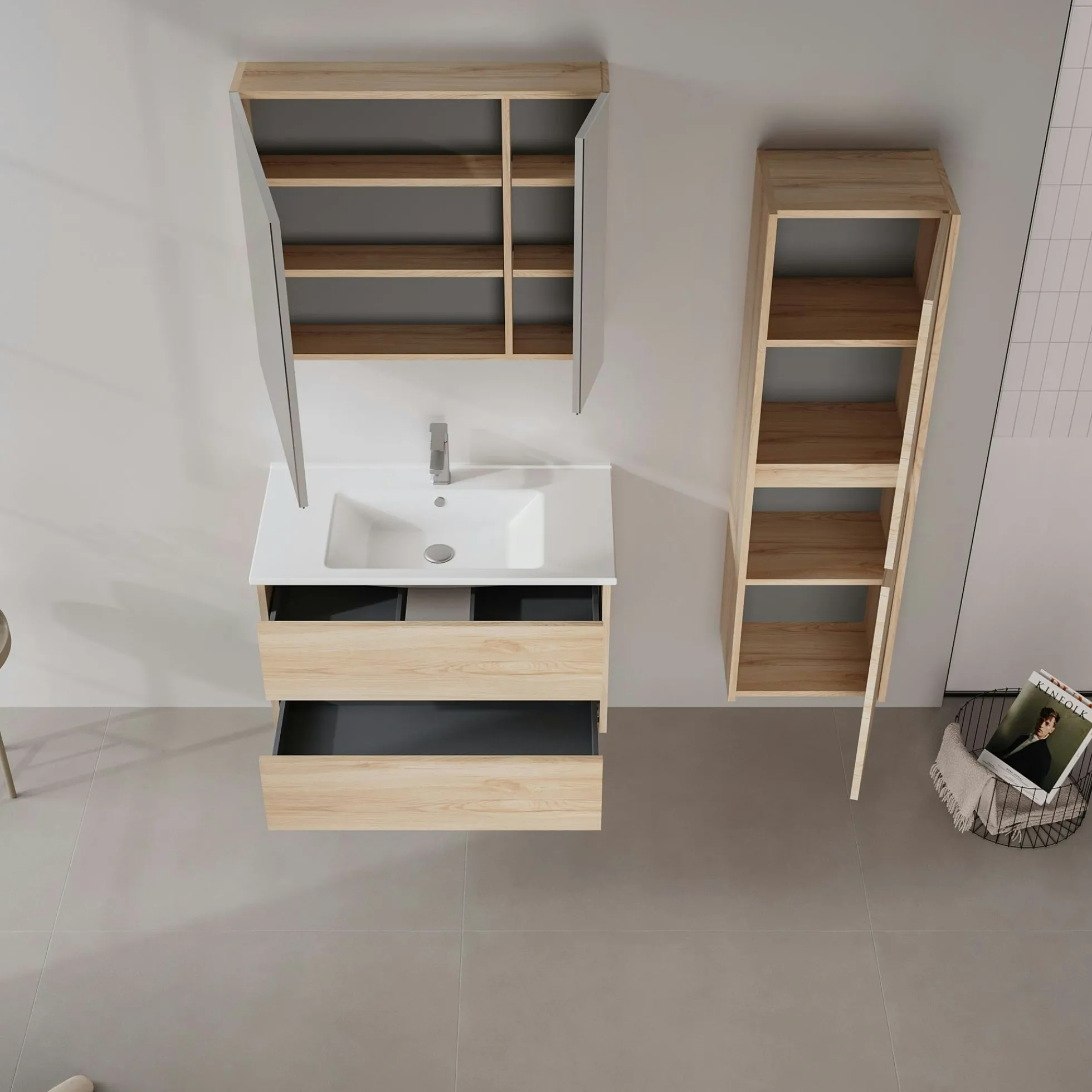 Meuble vasque suspendu 85 cm décor chêne 2 tiroirs MOANA