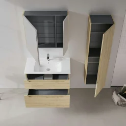 Meuble vasque suspendu 85 cm décor chêne 2 tiroirs ELYO