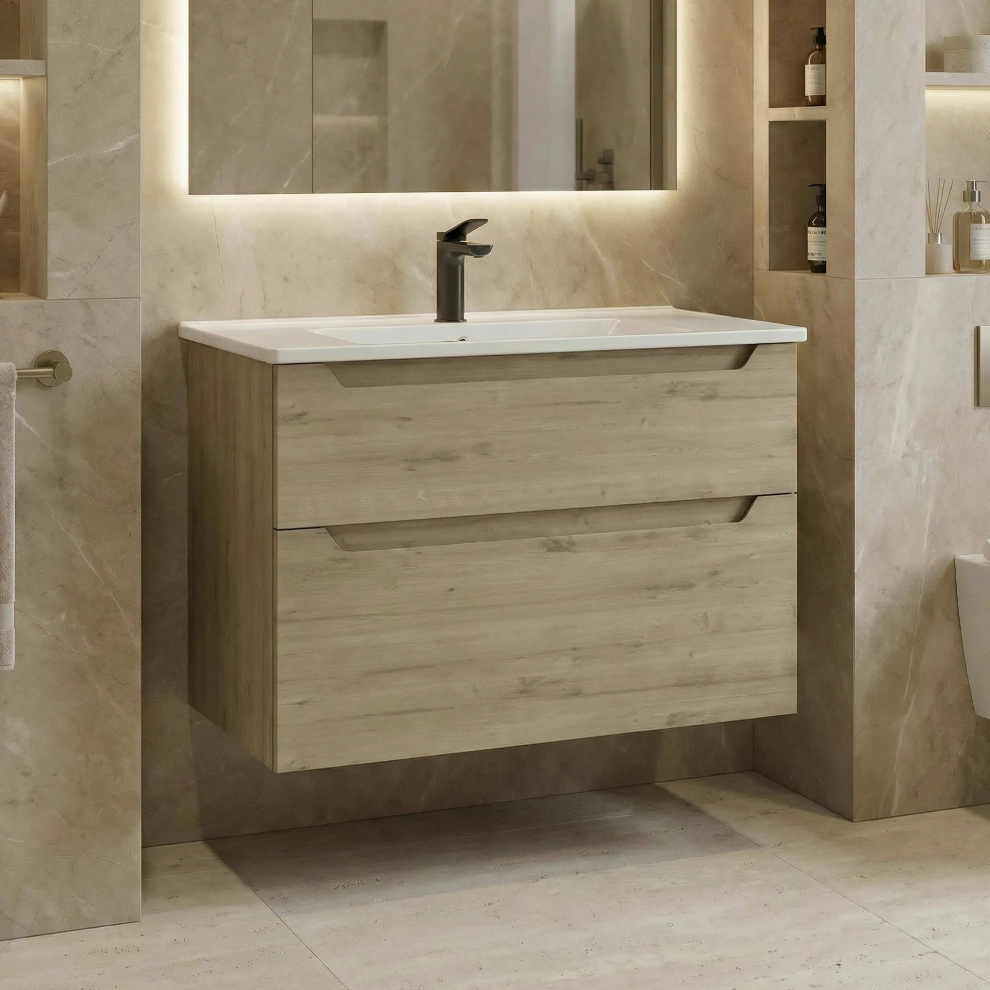 Meuble vasque suspendu 85 cm décor chêne 2 tiroirs ELYO
