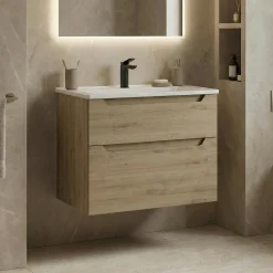 Meuble vasque suspendu 65 cm décor chêne 2 tiroirs ELYO