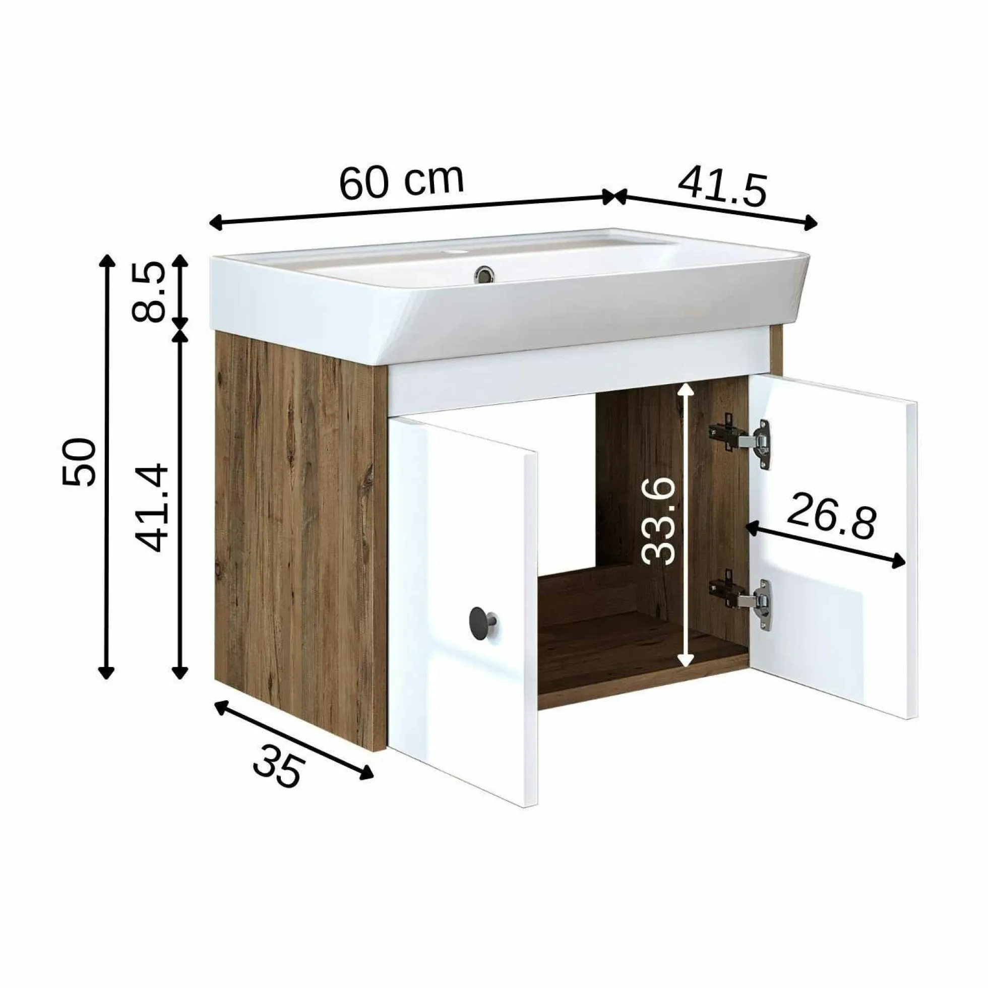 Meuble vasque suspendu 60 cm décor pin et blanc 2 portes JUSA
